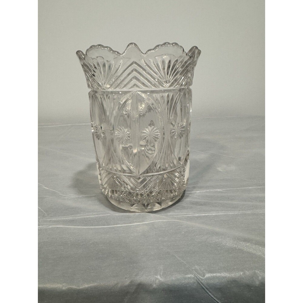 Antique Clear Pressed Glass Jar Vase Scalloped Rim Starburst Base